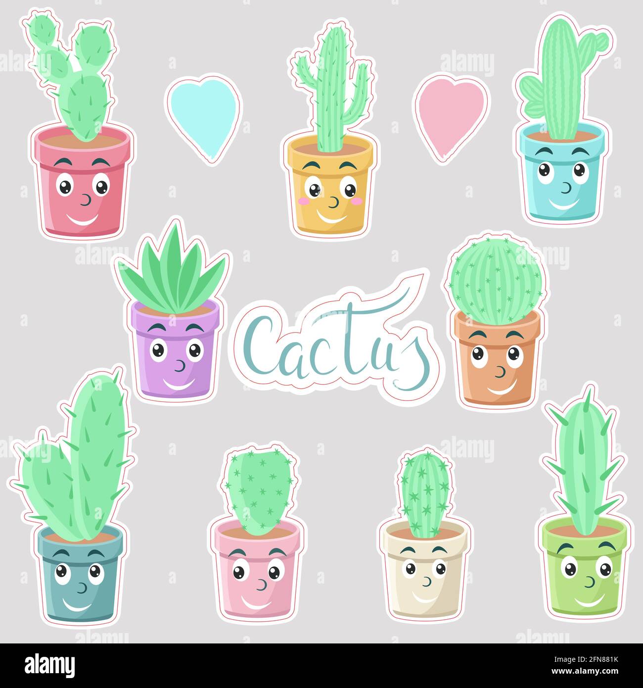 Set di adesivi con cactus. Vettore. Carino personaggi, piante di casa in pentole. Delicati adesivi pronti. Illustrazione Vettoriale