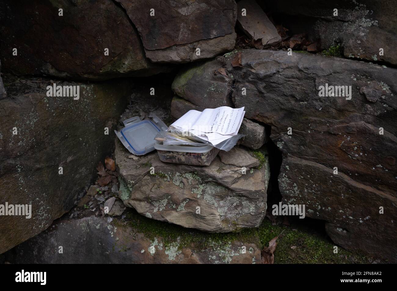Un contenitore di geocache trovato nascosto in un muro a Wigan, Greater Manchester. Foto Stock