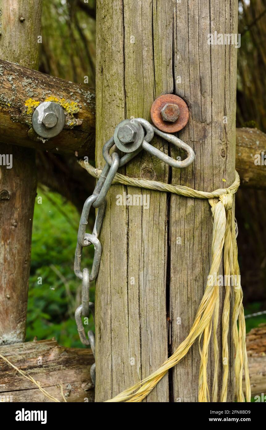 Recinzione agricola di legno vecchio con viti di metallo arrugginite nel Campagna rurale in Germania Foto Stock