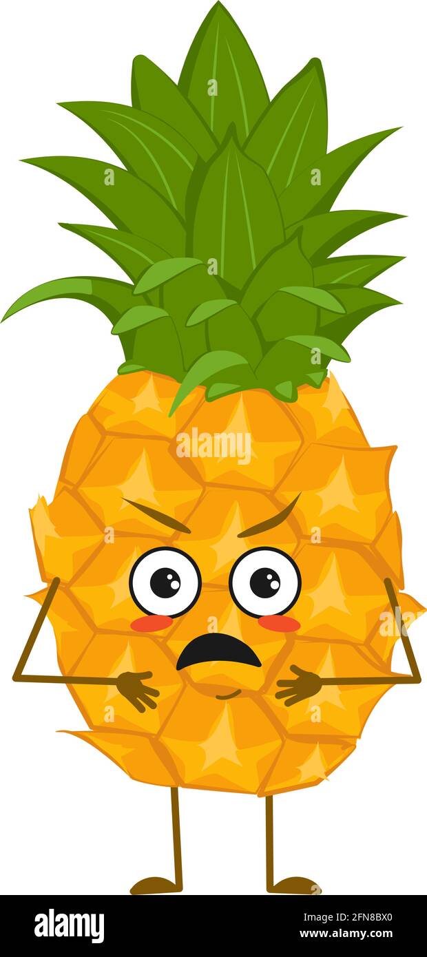 Simpatici ananas con emozioni arrabbiate, viso, braccia e gambe. Il divertente o grumpy eroe alimentare, frutta Illustrazione Vettoriale