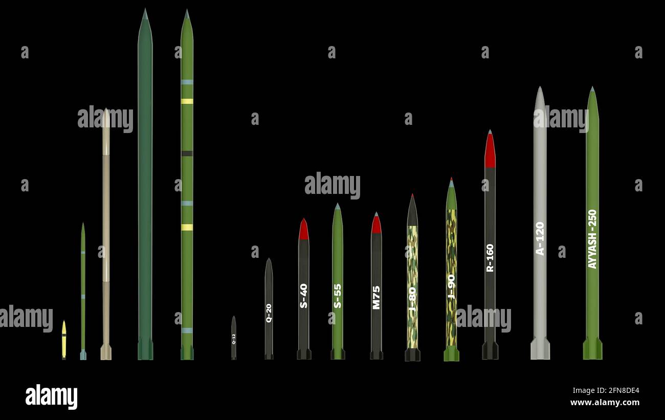 L'arsenale del razzo Hamas. Razzi di artiglieria in servizio con l'organizzazione palestinese di Hamas. Tipi di missili Foto Stock