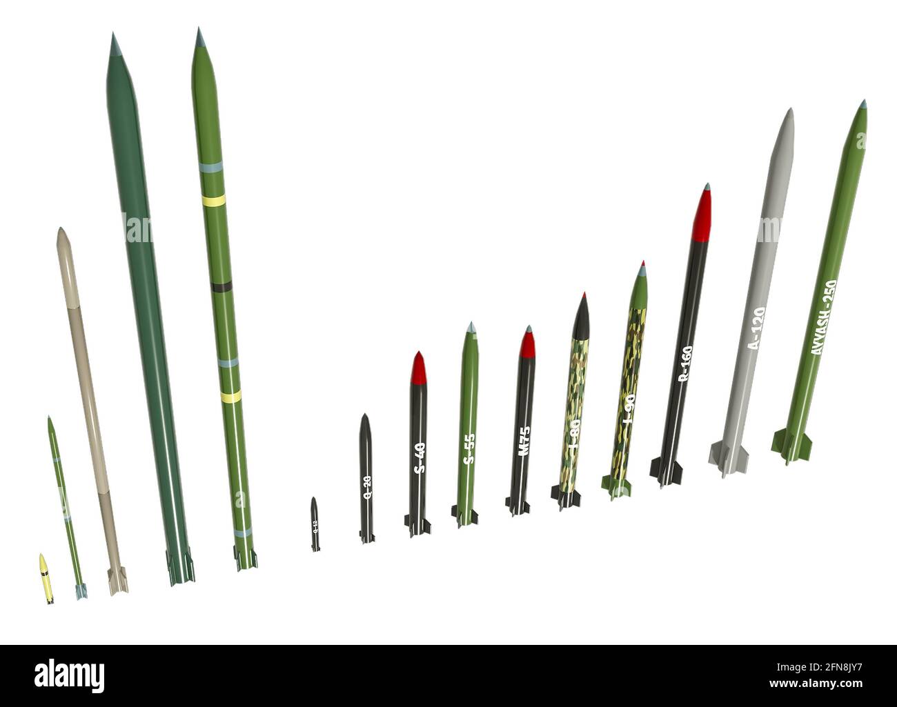 L'arsenale del razzo Hamas. Razzi di artiglieria in servizio con l'organizzazione palestinese di Hamas. Tipi di missili Foto Stock