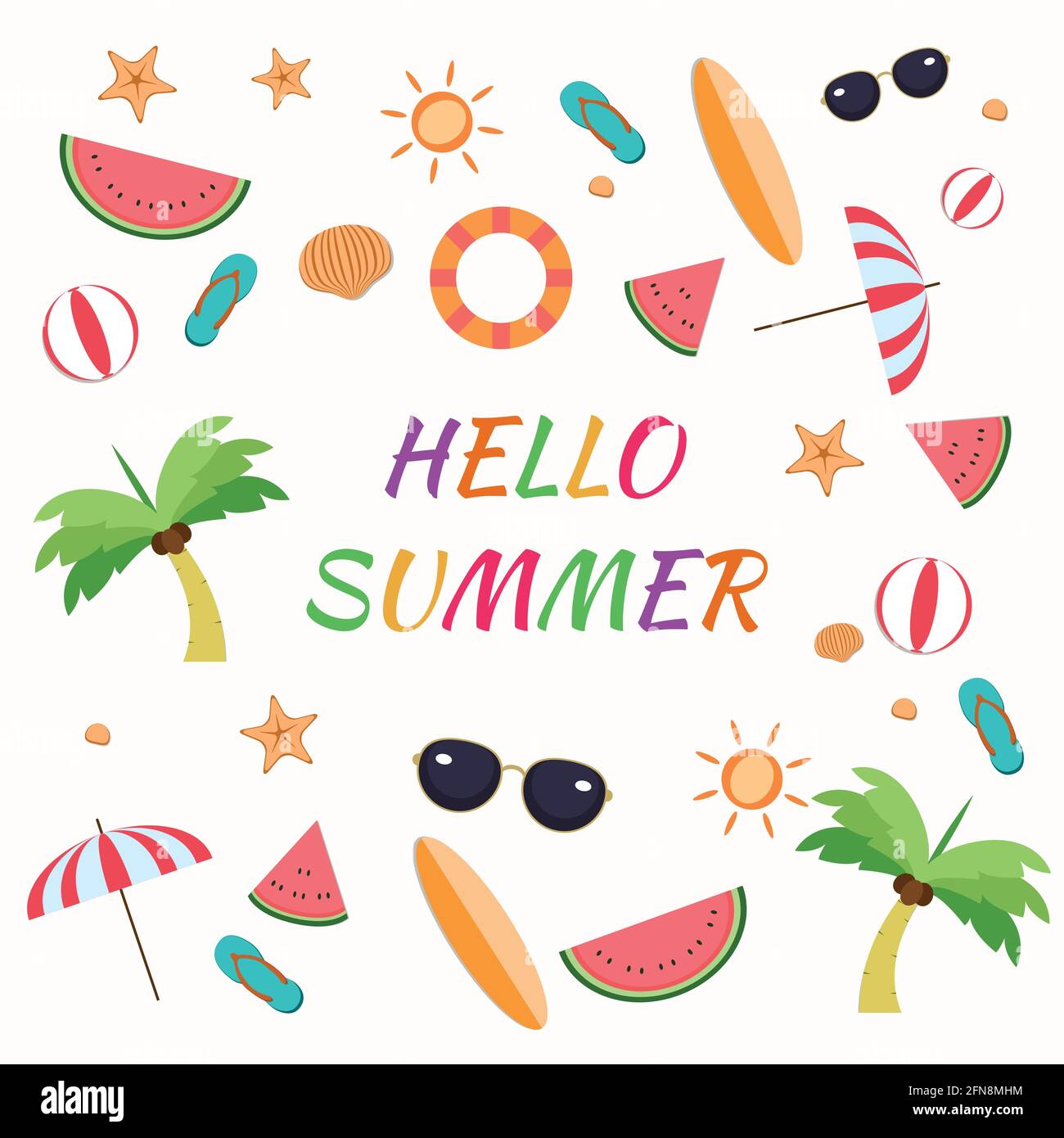 Set di icone estive, cocomeri, sole, occhiali da sole, surf board, starfish, beach ball, sandali e altri oggetti vettore Illustrazione Vettoriale