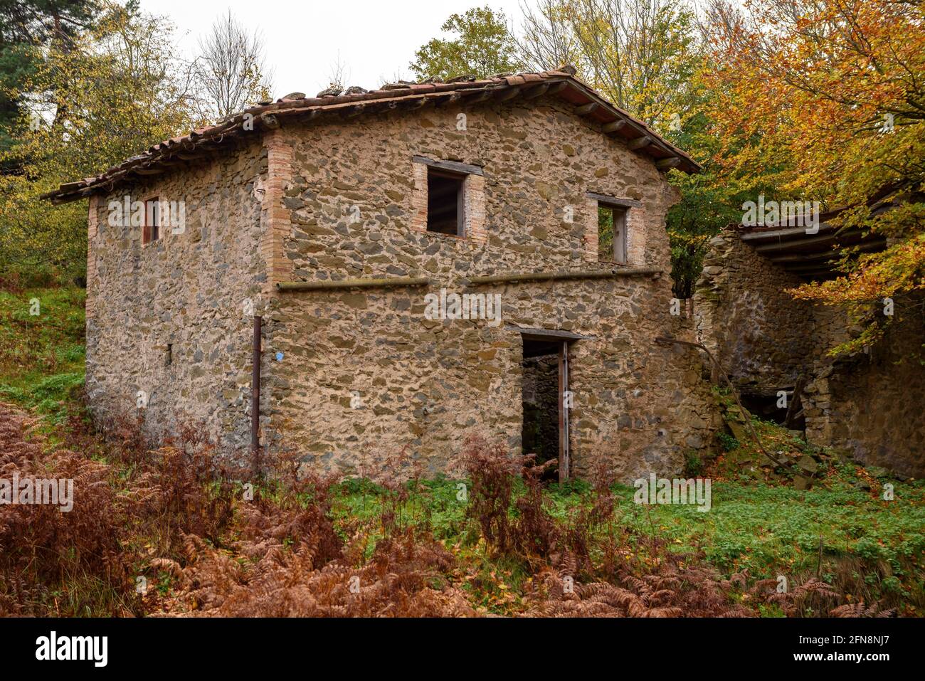 Casa d'Aiats, sul sentiero fino a Pla d'Aiats, in autunno (Osona, Catalogna, Spagna) ESP: Casa de Aiats, en el sendero de subida al Pla d'Aiats Foto Stock