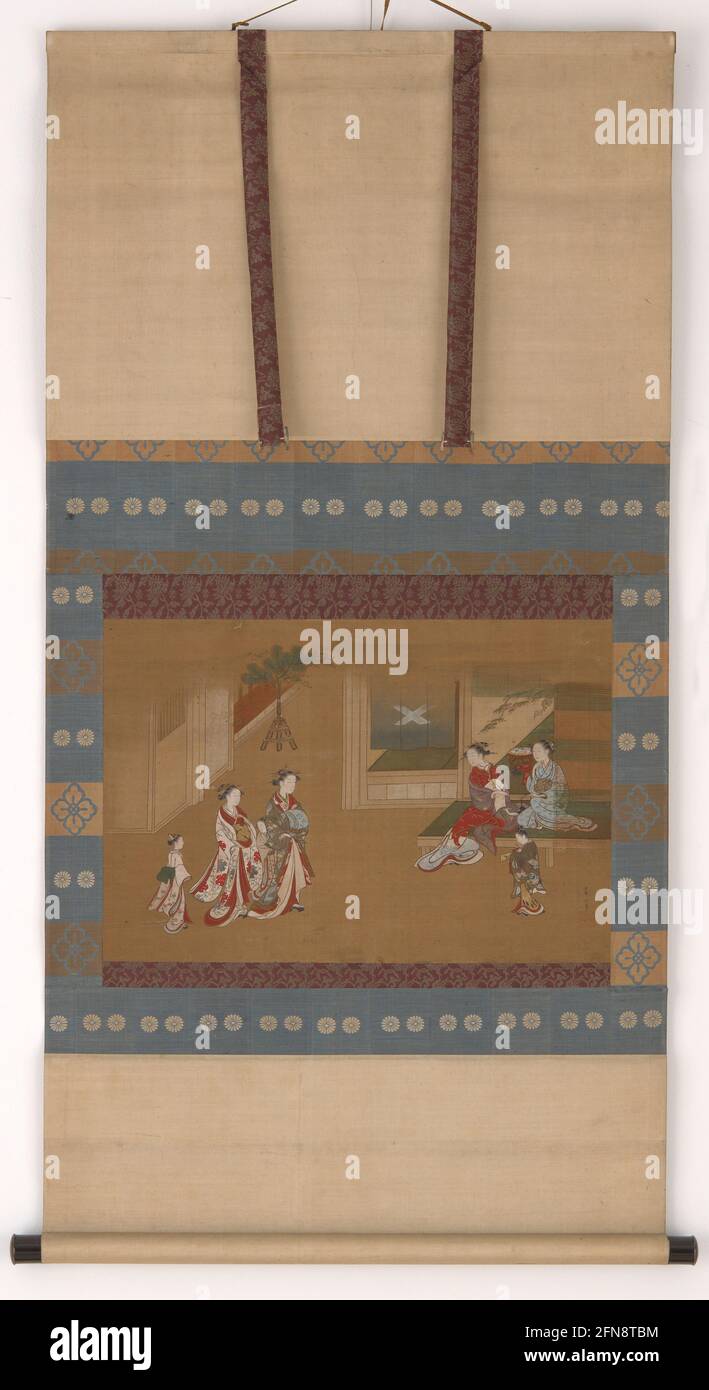 Due yujo che fanno una chiamata di nuovo anno su altri due, 18 ° secolo. Foto Stock