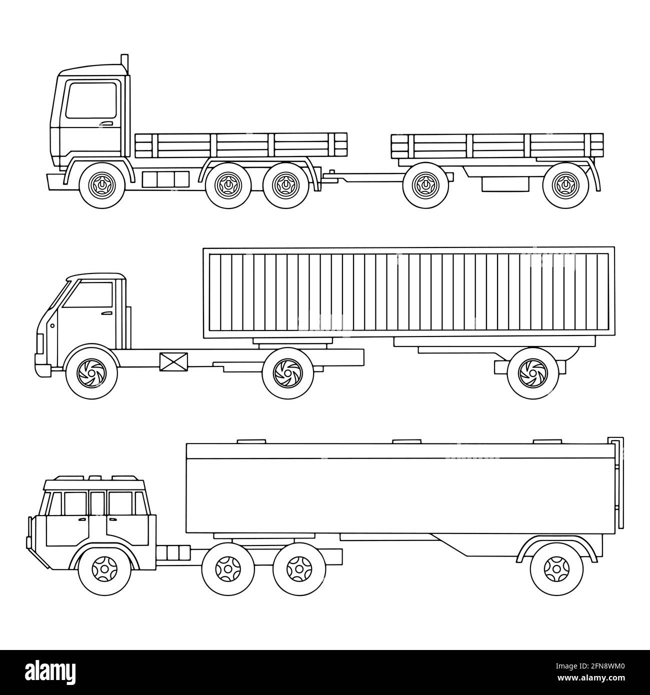 Un set di autocarri pesanti trafilati linearmente. Autocisterna a benzina. Carrello con rimorchio, container. Illustrazione vettoriale Illustrazione Vettoriale