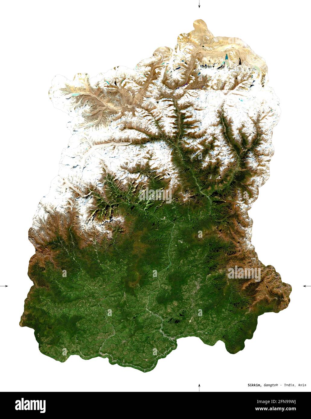 Sikkim, stato dell'India. Immagini satellitari Sentinel-2. Forma isolata su bianco. Descrizione, ubicazione della capitale. Contiene Copernico modificato inviato Foto Stock