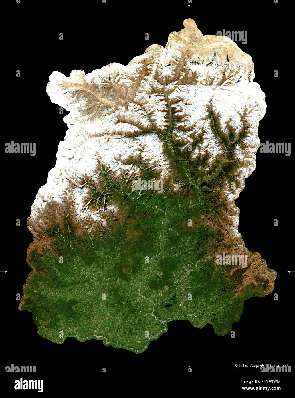 Sikkim, stato dell'India. Immagini satellitari Sentinel-2. Forma isolata su nero. Descrizione, ubicazione della capitale. Contiene Copernico modificato inviato Foto Stock