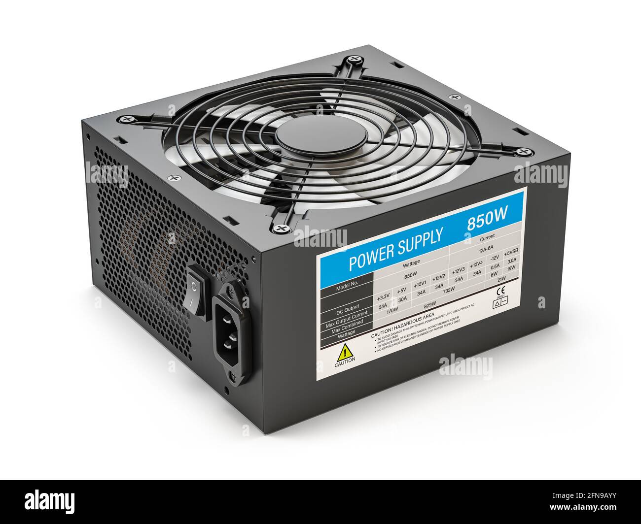 Unità di alimentazione CA del computer isolata su bianco, illustrazione 3d Foto Stock