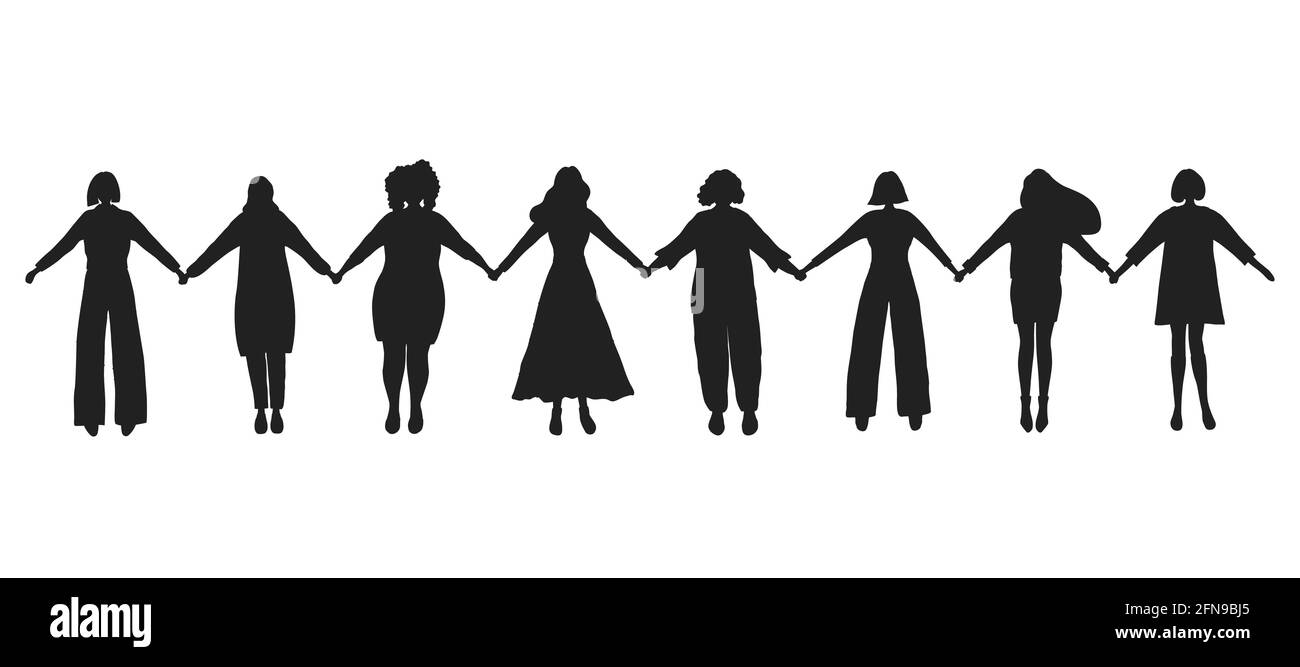 Le donne stanno tenendo le mani. Silhouette nere da donna. Concetto di Giornata Internazionale della Donna. La comunità delle donne. Solidarietà femminile. Silhouette donna Illustrazione Vettoriale