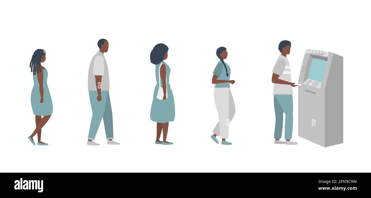 Accodare al ATM. Le persone nere stanno aspettando in fila per prelevare denaro da un bancomat. Illustrazione vettoriale in stile piatto. Illustrazione Vettoriale