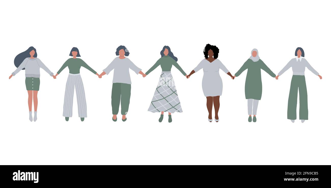 Le donne stanno tenendo le mani. Concetto di Giornata Internazionale della Donna. La comunità delle donne. Solidarietà femminile. Silhouette femminili di razze diverse, età diverse Illustrazione Vettoriale