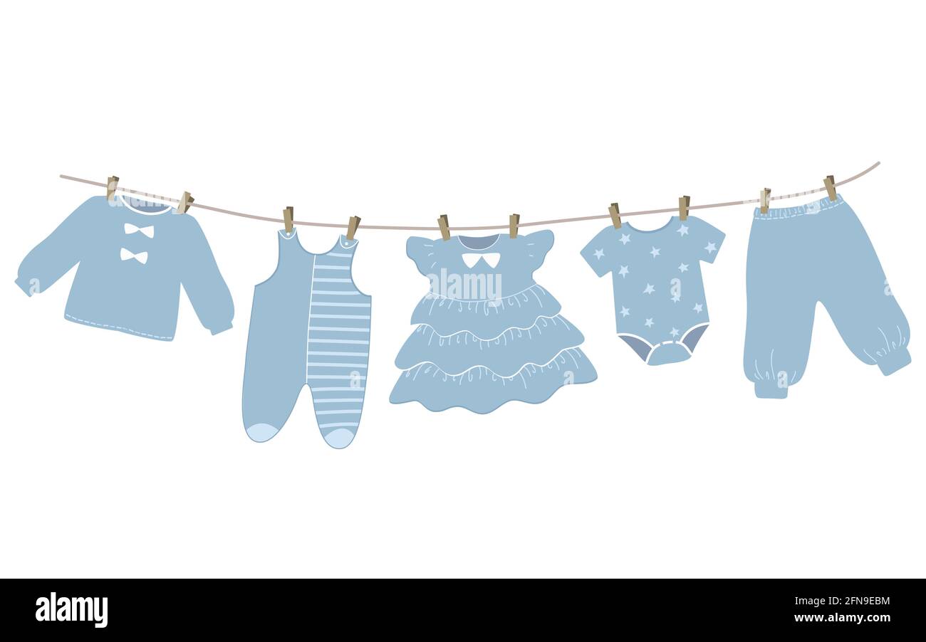 I vestiti del bambino appendono sulla linea di vestiti. Le cose sono asciugate sulle clothespins dopo il lavaggio. Illustrazione vettoriale in blu. Illustrazione Vettoriale