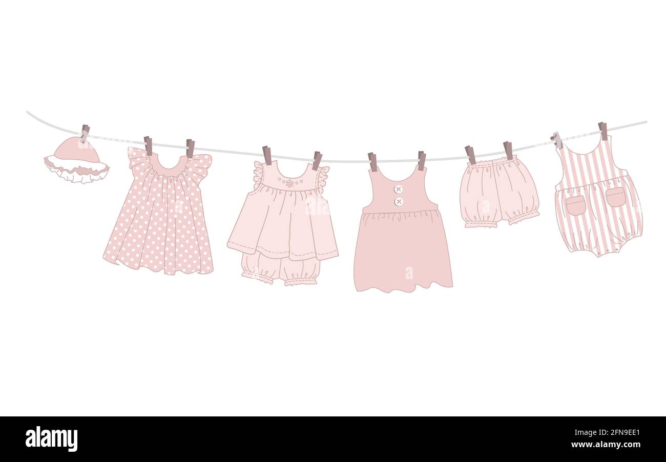 I vestiti del bambino appendono sulla linea di vestiti. Le cose sono  asciugate sulle clothespins dopo il lavaggio. Illustrazione vettoriale in  rosa Immagine e Vettoriale - Alamy
