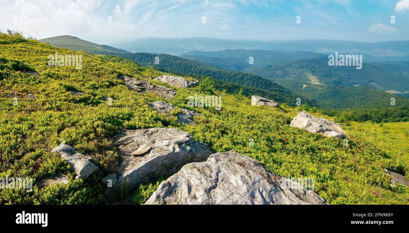 paesaggio montano estivo con pietre sulla collina. splendida vista sulla valle lontana in una mattinata soleggiata. nuvole soffici sopra l'orizzonte Foto Stock