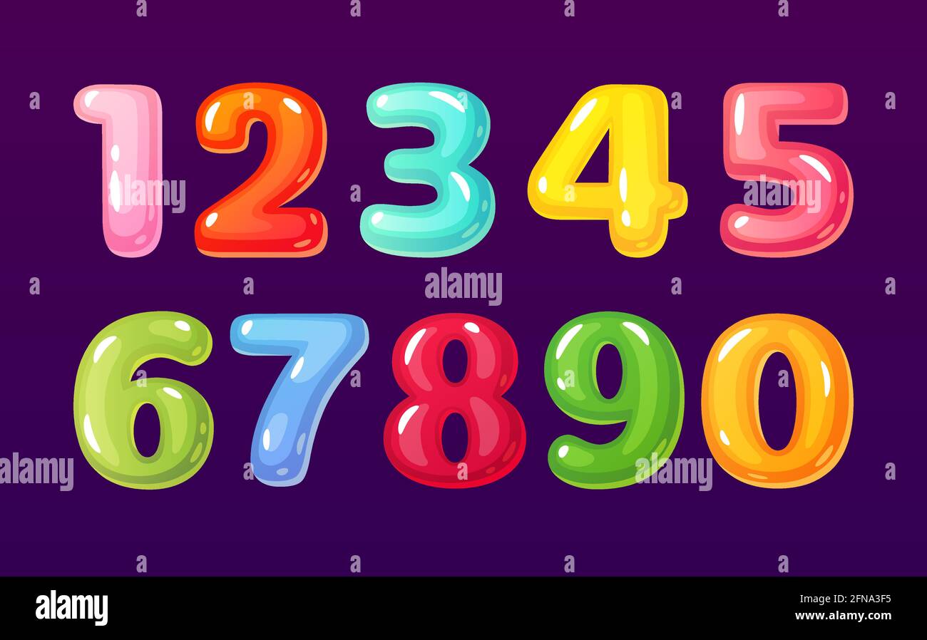 Numeri di cartoni animati. Carino fumetto bolla alfabeto matematico simboli  per i bambini. Caramelle colorate, figure di matematica di gelatina.  Divertente vettore di numero di scuola di capretto. Simboli numerici del  palloncino,