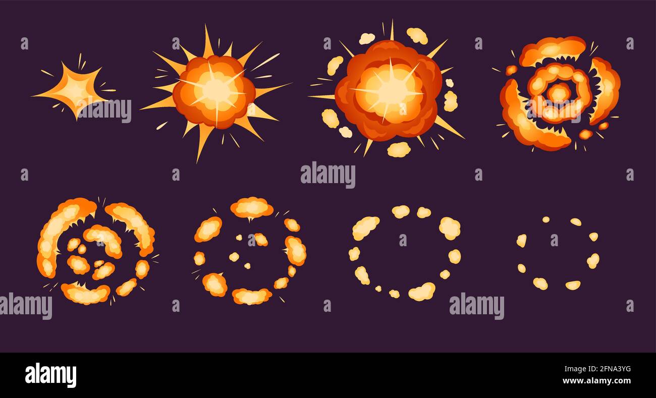 Animazione delle esplosioni. Effetto esplosivo della bomba di cartone animato con fumo e particelle. Fire Blast frames, fumetto boom sprite foglio per giochi vettoriali set. Movimento di esplosione atomica, scoppio luminoso, detonazione Illustrazione Vettoriale