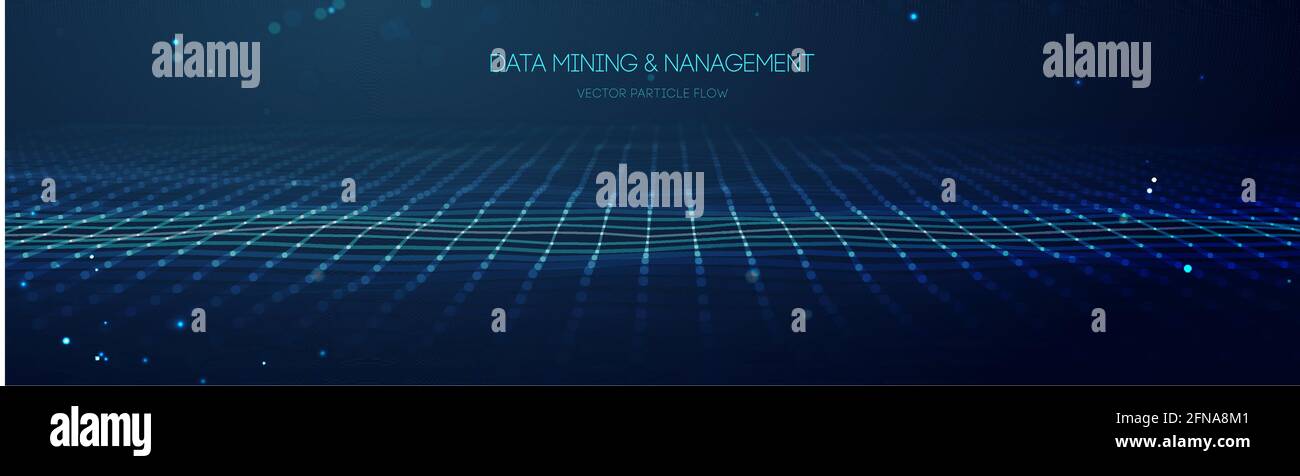 Data mining e gestione. Illustrazione scientifica del trasferimento dei dati tramite banner di flusso. Concetto di finanza business software sfondo blu tecnologia. Digitale Illustrazione Vettoriale