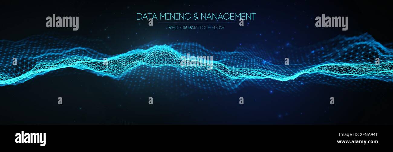 Data mining e gestione. Illustrazione scientifica del trasferimento dei dati tramite banner di flusso. Connessione alla rete di informazioni digitali. Software aziendale di concetto finanziario Illustrazione Vettoriale