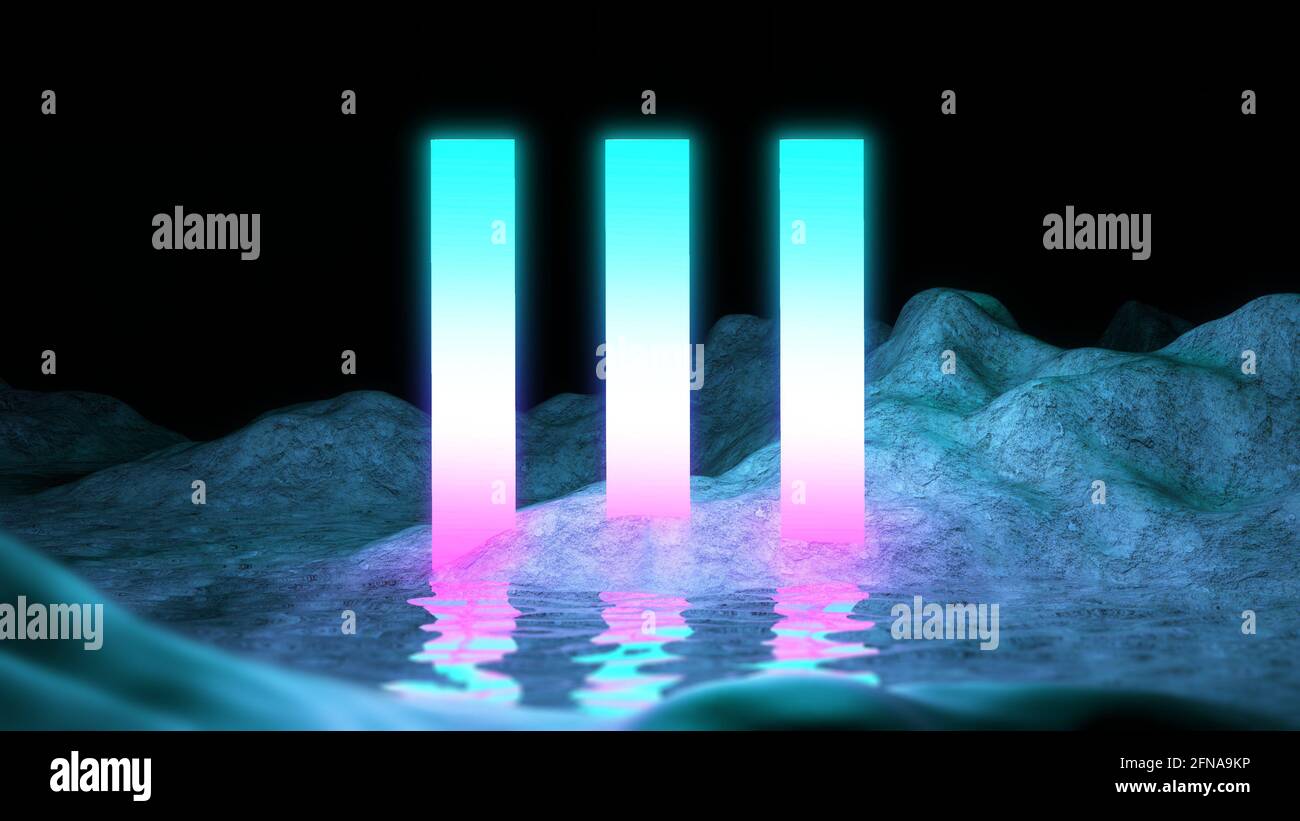 3D Render Cosmic sfondo, paesaggio alieno retrò montagna al neon con acqua riflesso violetto. Rosa blu astratto futuristico spazio sfondo per Foto Stock