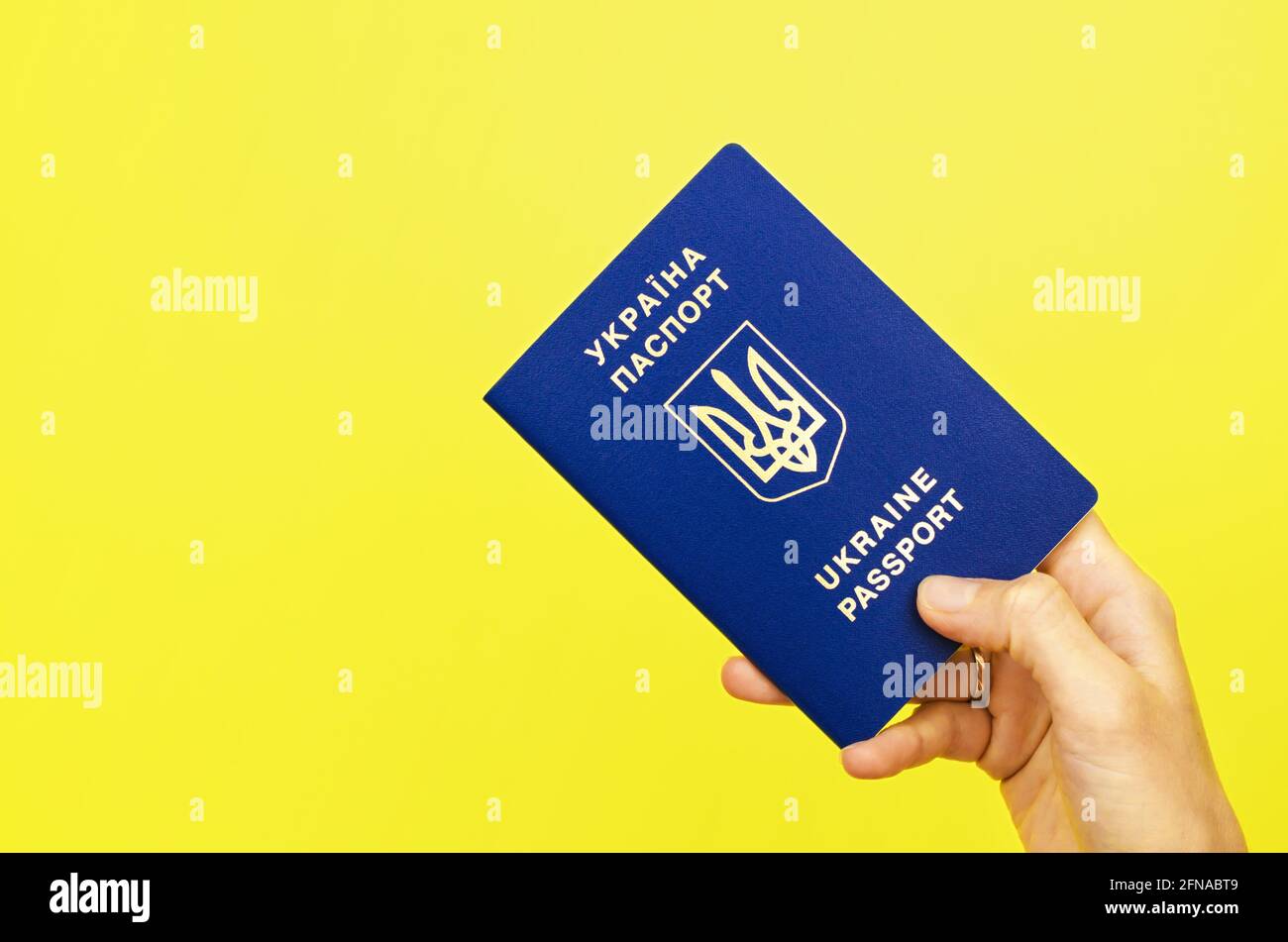 Passaporto ucraino in mano su sfondo giallo Foto Stock