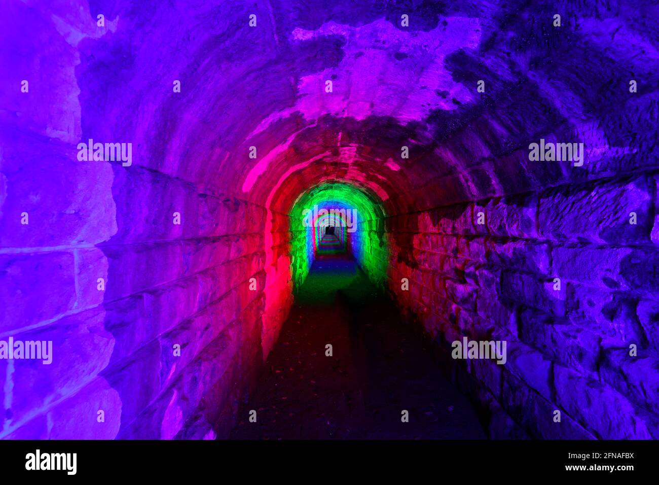 Un tunnel nascosto derelict al Castello di Spofforth nel Nord Yorkshire, Regno Unito. Il tunnel è stato illuminato con una luce rgb durante la registrazione di una lunga esposizione Foto Stock