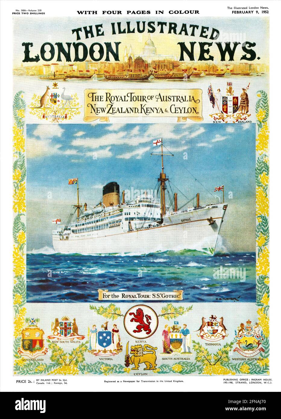 Copertina d'epoca del Notiziario illustrato di Londra del 9 febbraio 1952. Edizione speciale per il prossimo tour della principessa Elisabetta e del duca di Edimburgo. La prima tappa è stata Nairobi (in aereo). Dovevano salire a bordo del SS Gothic a Mombasa, ma le notizie giunsero alla principessa del padre Re Giorgio VI. Tornò in Gran Bretagna e il tour fu annullato. Foto Stock