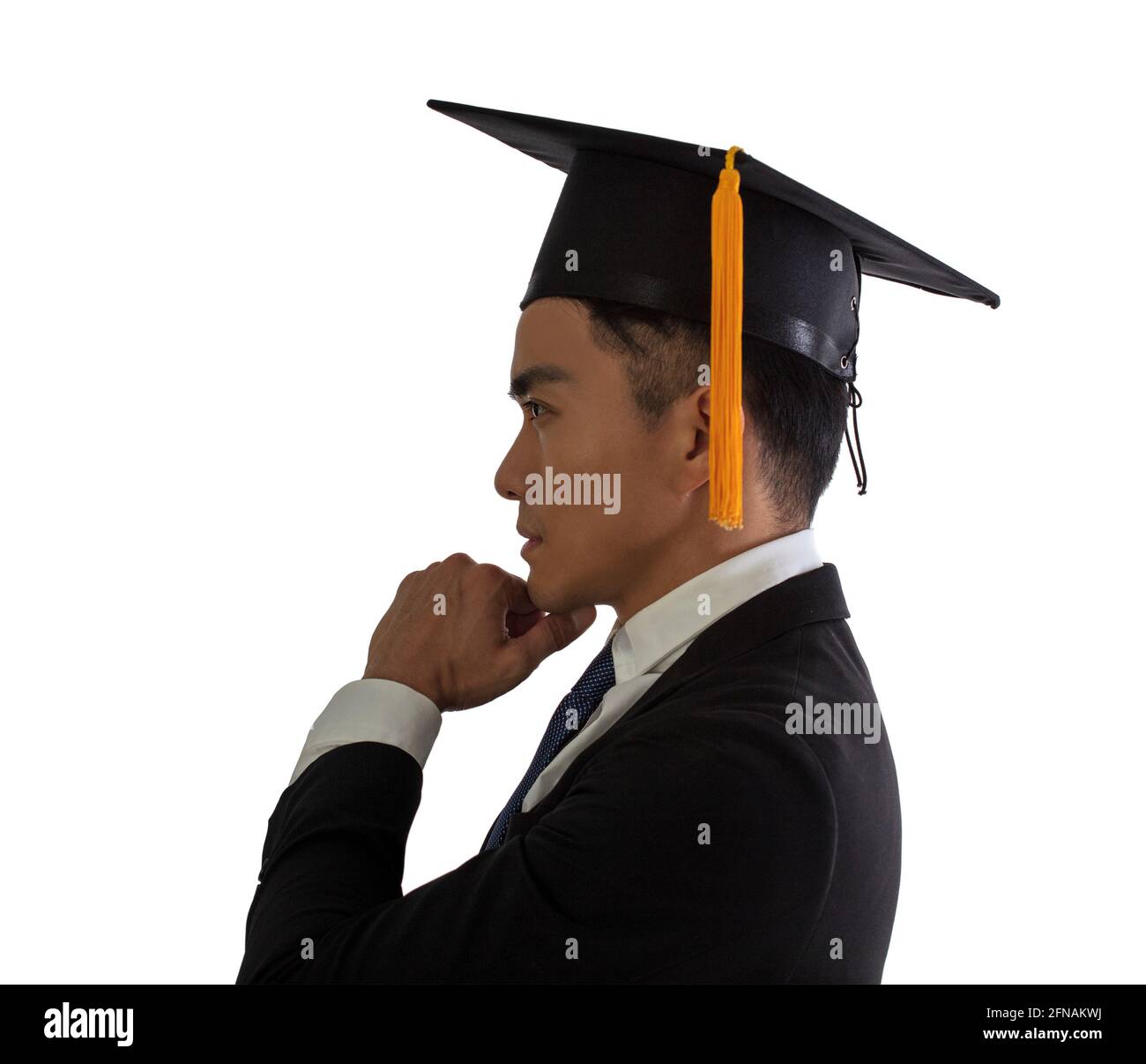 Vista laterale del viso di un uomo di laurea sicuro e giovane Foto Stock