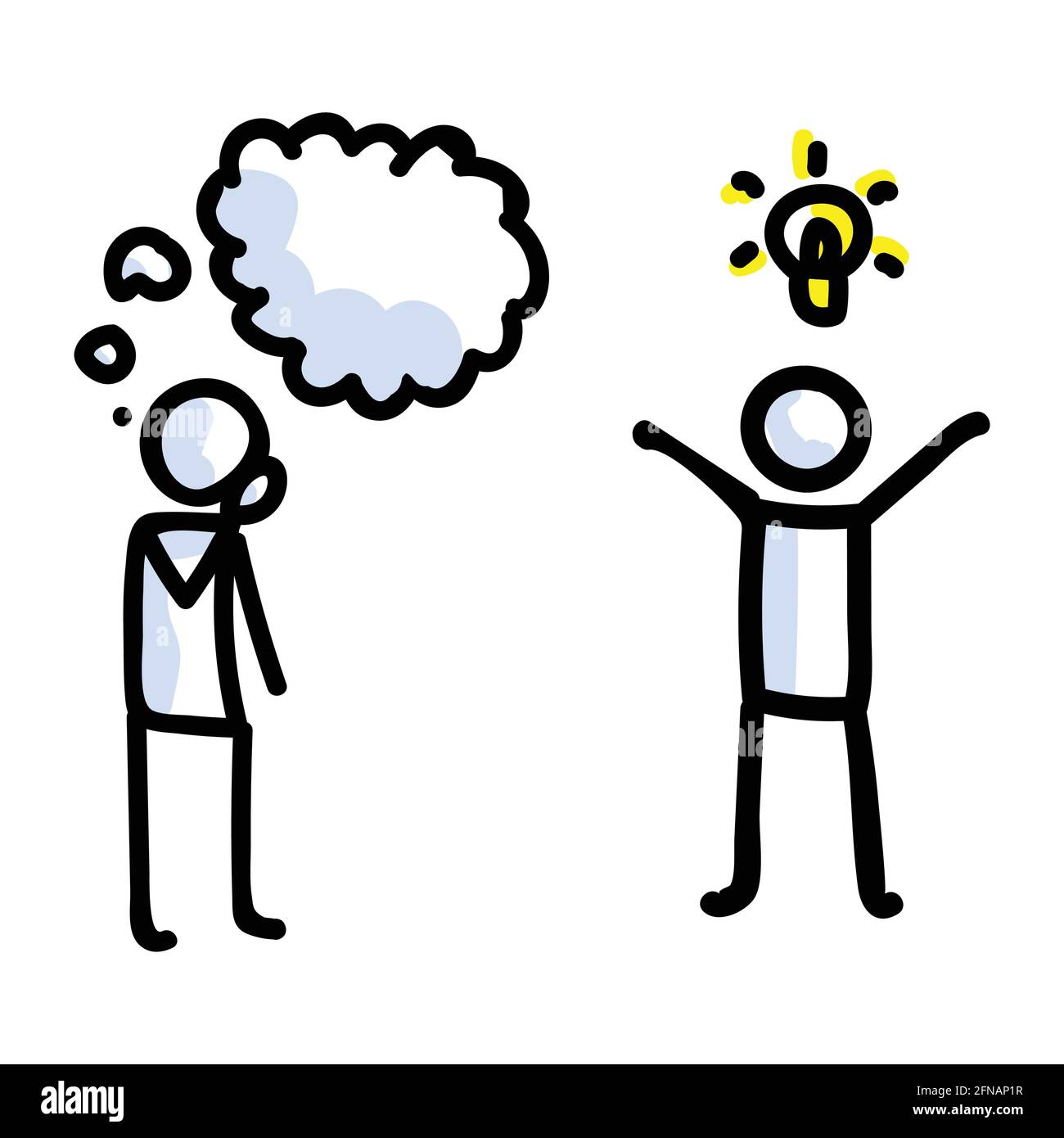 Personaggio Thinking Stick disegnato a mano con idea. Concetto di ispirazione Lightbulb pensiero espressione. Semplice motivo icona per Brainstorming Speech Bubble Illustrazione Vettoriale