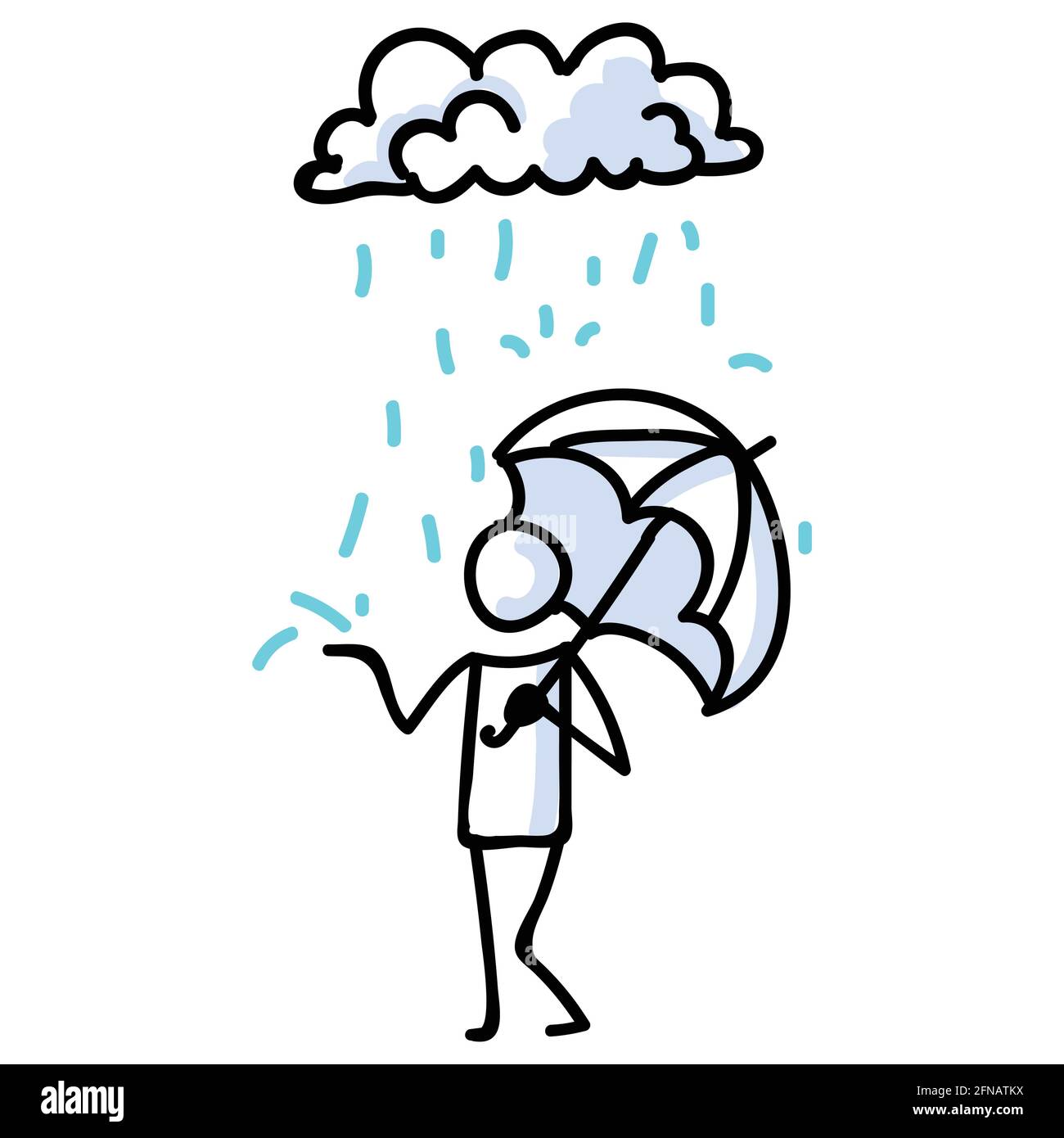 Stick Figure disegnati a mano con ombrello in pioggia. Concetto di espressione di Shelter Storm. Semplice icona motivo Raindrop comunicazione. Natura, cloud, tuono Illustrazione Vettoriale