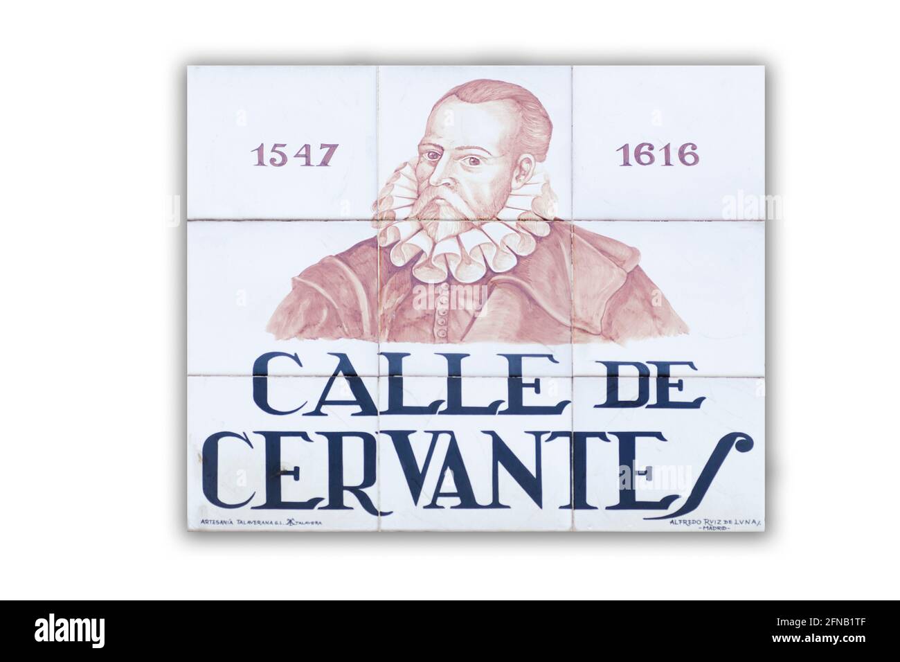 Miguel de Cervantes Saavedra targa di strada. Quartiere letterario di Madrid dove ha avuto la sua casa nel 17 ° secolo Foto Stock
