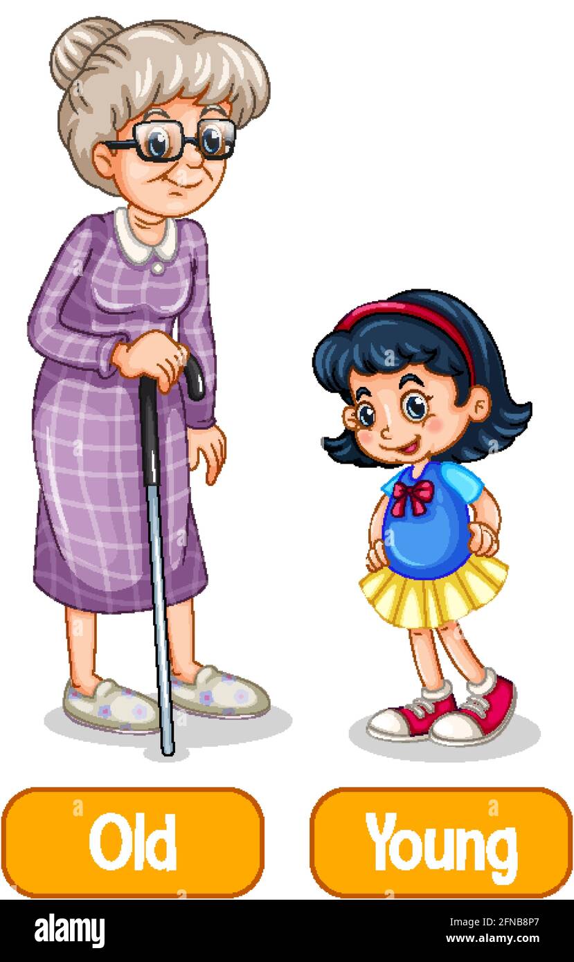 Parole aggettivi opposte con illustrazione vecchia e giovane Illustrazione Vettoriale