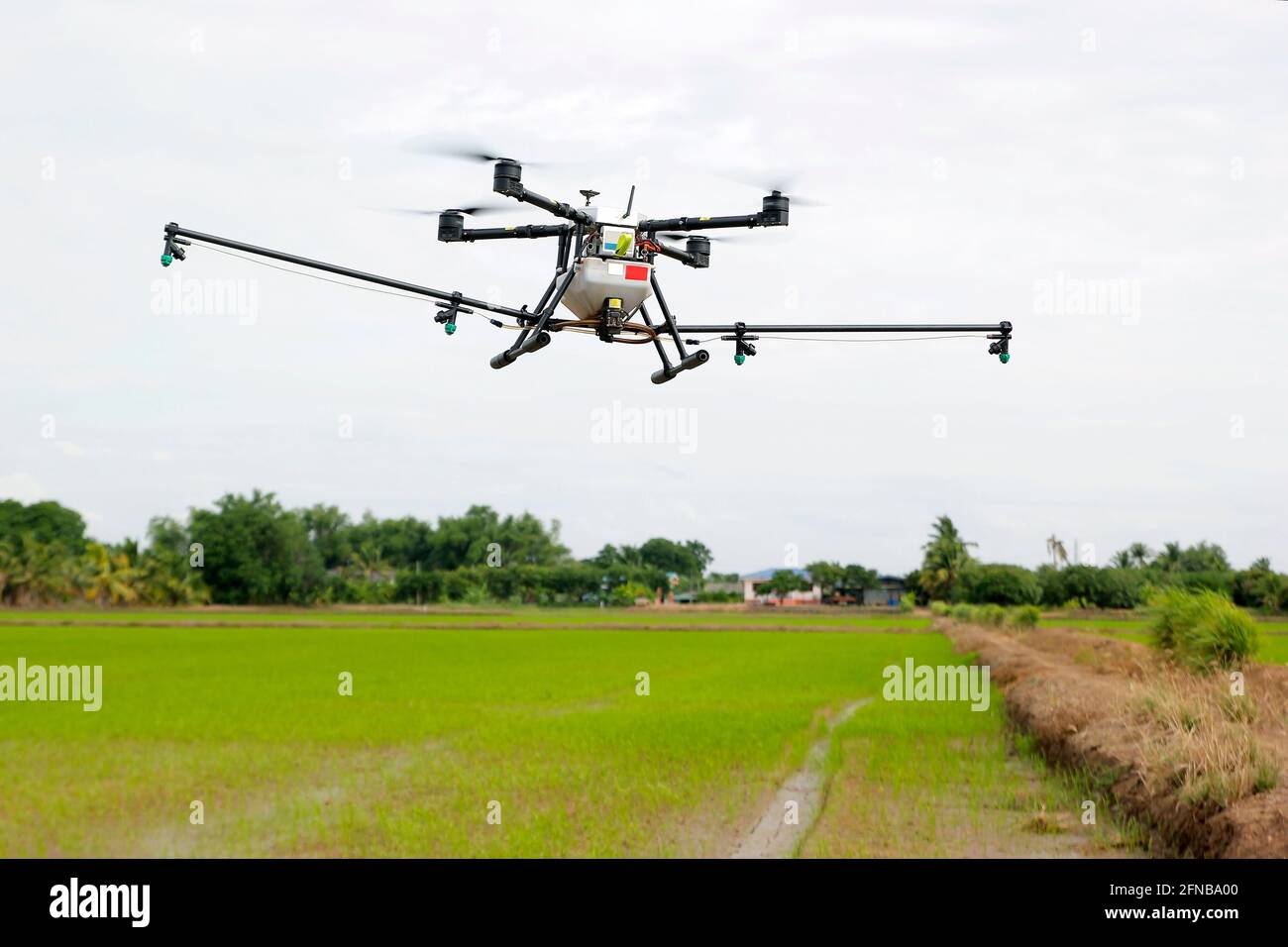 Concetto di innovazione drone volante, drone aereo uso per l'industria agricola Foto Stock