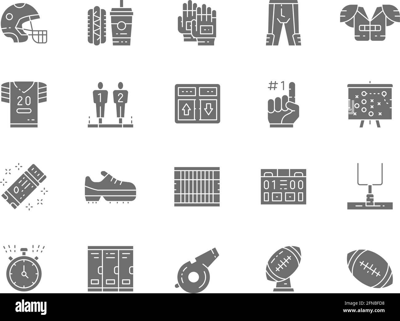 Set di icone grigie del calcio americano. Fast food, divisa sportiva, casco e molto altro. Illustrazione Vettoriale
