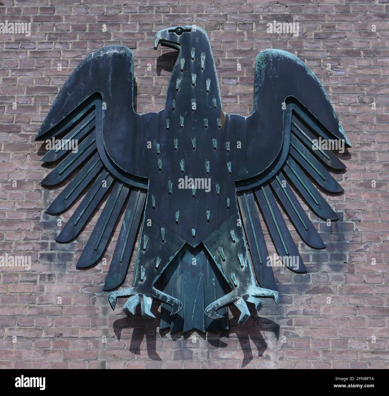 Il closeup dell'aquila federale Bundestag sul muro Foto Stock