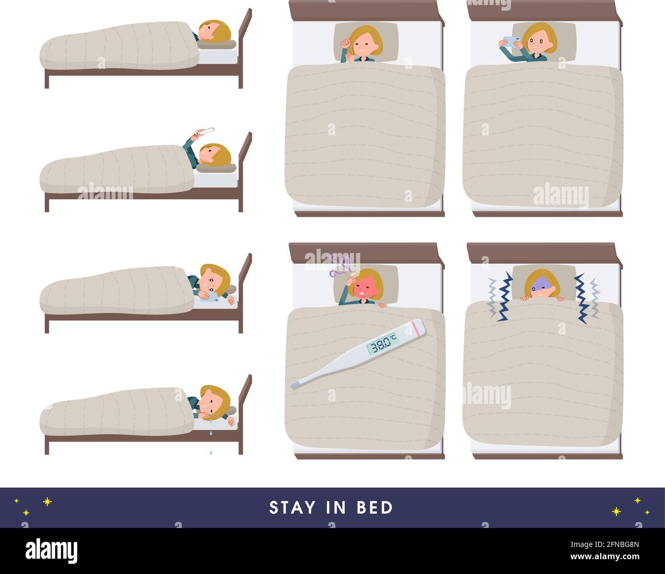 Un set di donne in una felpa con cappuccio che rimane a letto.è vettore arte così facile da modificare. Illustrazione Vettoriale