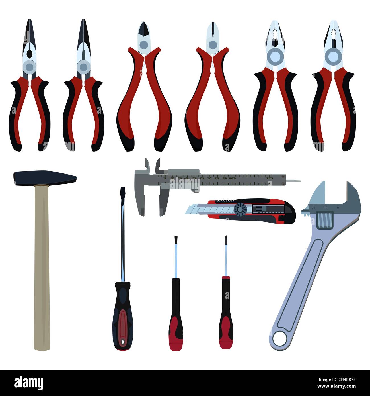 Attrezzature. Tagliafili, combinazione, pinze ad ago, cacciavite, coltello tagliafili calibro a corsoio a percussione vettoriale Illustrazione Vettoriale