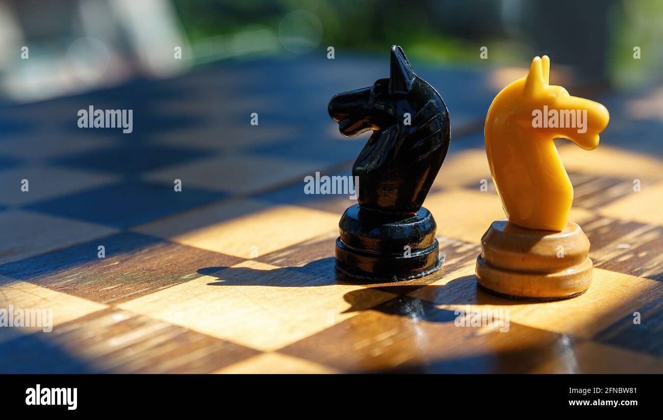 Due pezzi di un cavaliere degli scacchi, bianco e nero, su una vecchia scacchiera. Foto Stock