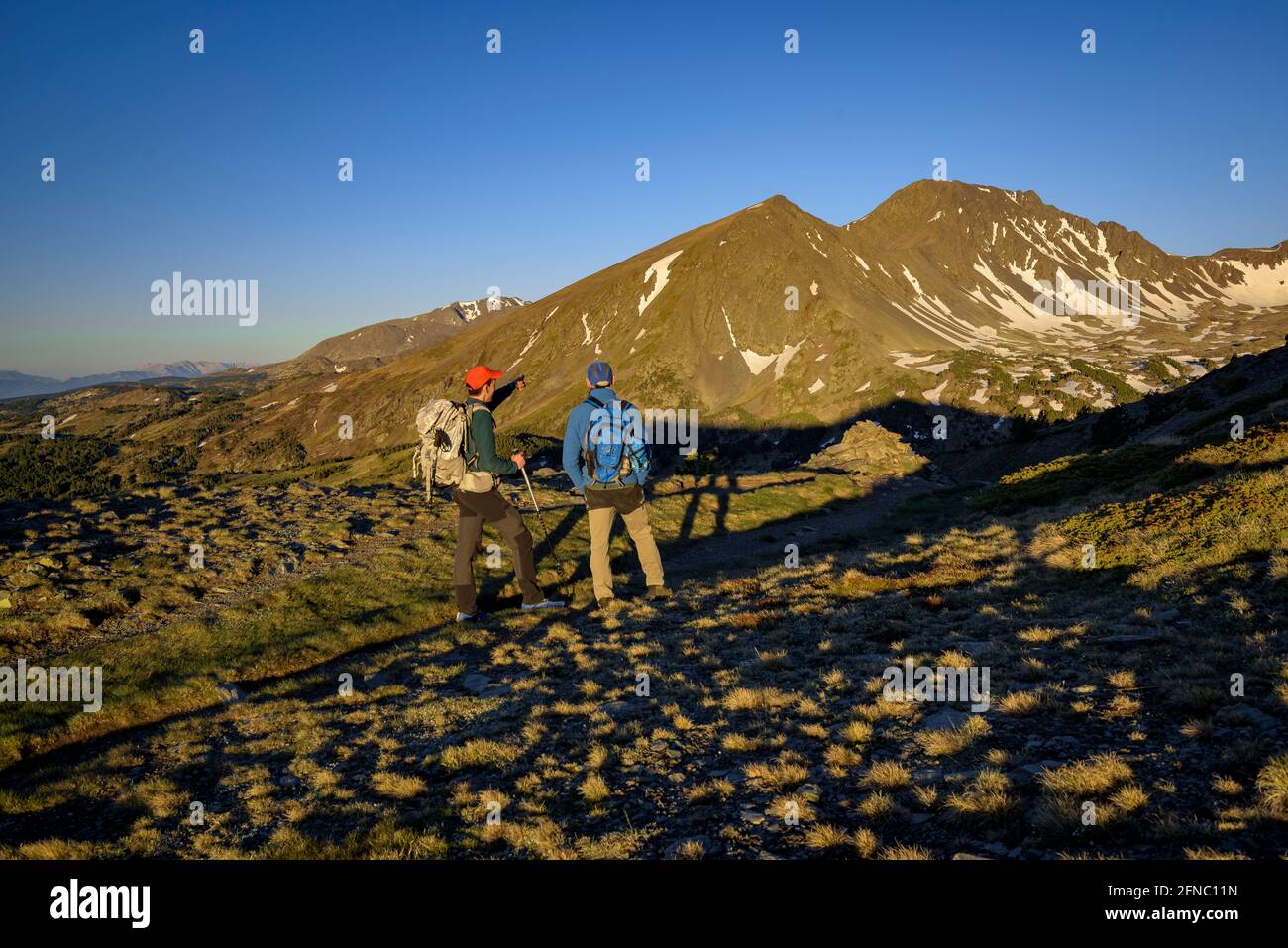 Vista delle due Pics Perics visto da Serra de Mauri, in una mattina estiva (Pirenei Orientali, Occitanie, Francia) ESP: Vista de los dos Pics Perics Foto Stock