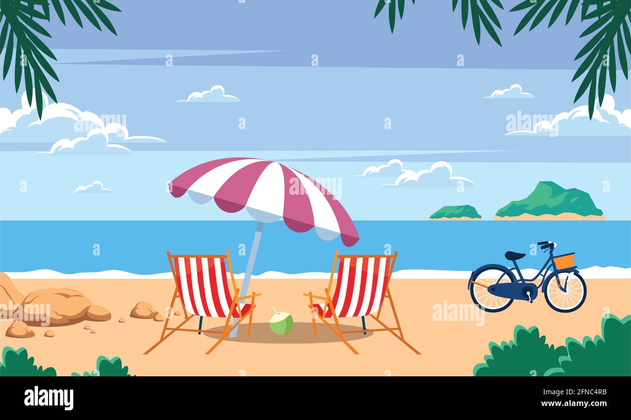 una vista soleggiata di una spiaggia con sedia, ombrellone, bicicletta e cocco Illustrazione Vettoriale