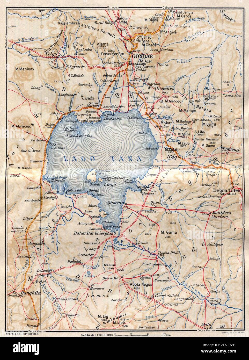 Antica mappa della regione del Lago di Tana, Etiopia (immagine della guida italiana dell'Africa orientale edizione 1938) Foto Stock