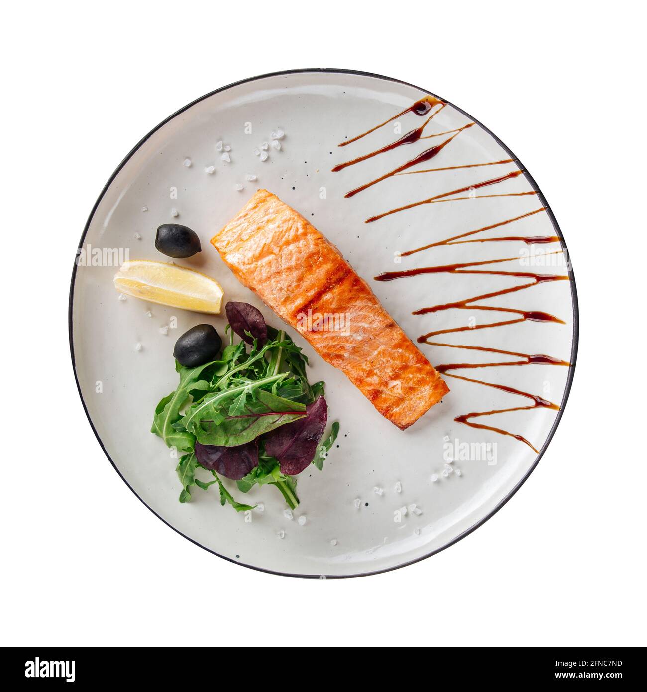 Piatto isolato di filetto di salmone alla griglia Foto Stock