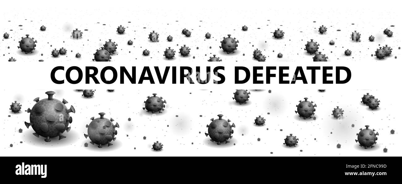 Coronavirus sconfitto. I virus monocromi morti e i batteri del coronavirus giacciono su uno sfondo bianco. Banner bianco e grigio del coronavirus COVID-2019 Foto Stock