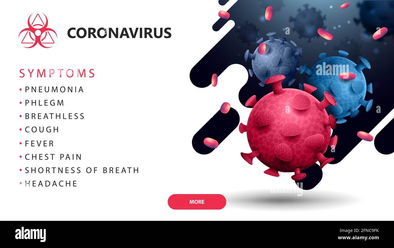 Coronavirus 2019-nCoV sintomi, banner bianco con molecole di coronavirus 3D rosa e blu e forme liquide astratte. Banner Web con un elenco dei sintomi Foto Stock