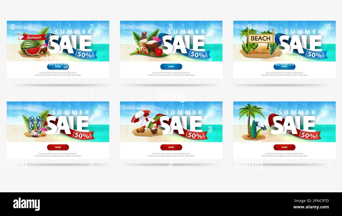 Vendita estiva, fino a 50 di sconto, grande set di banner sconto orizzontale per il tuo sito web con icone estive, stagcape sullo sfondo, texture poligonale, ma Foto Stock
