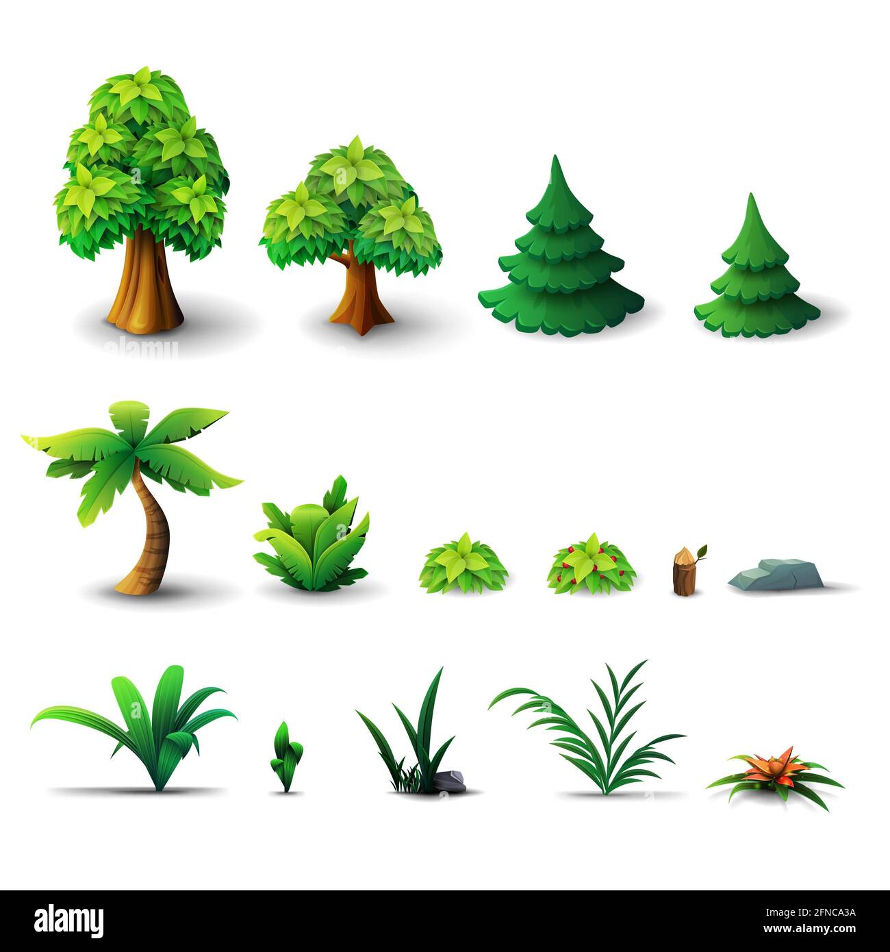 Ampia collezione di alberi e arbusti isolati su uno sfondo bianco. Pini, alberi decidui, palme, arbusti e fiori in un cartone animato di tre dimensioni Foto Stock