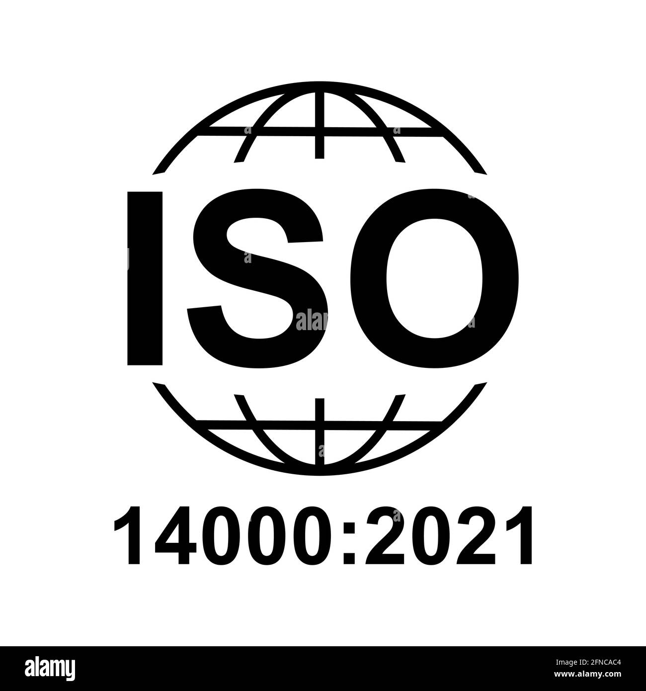 Icona ISO 14000:2021. Gestione ambientale. Simbolo di qualità standard. Segno del pulsante vettore isolato su sfondo bianco . Illustrazione Vettoriale