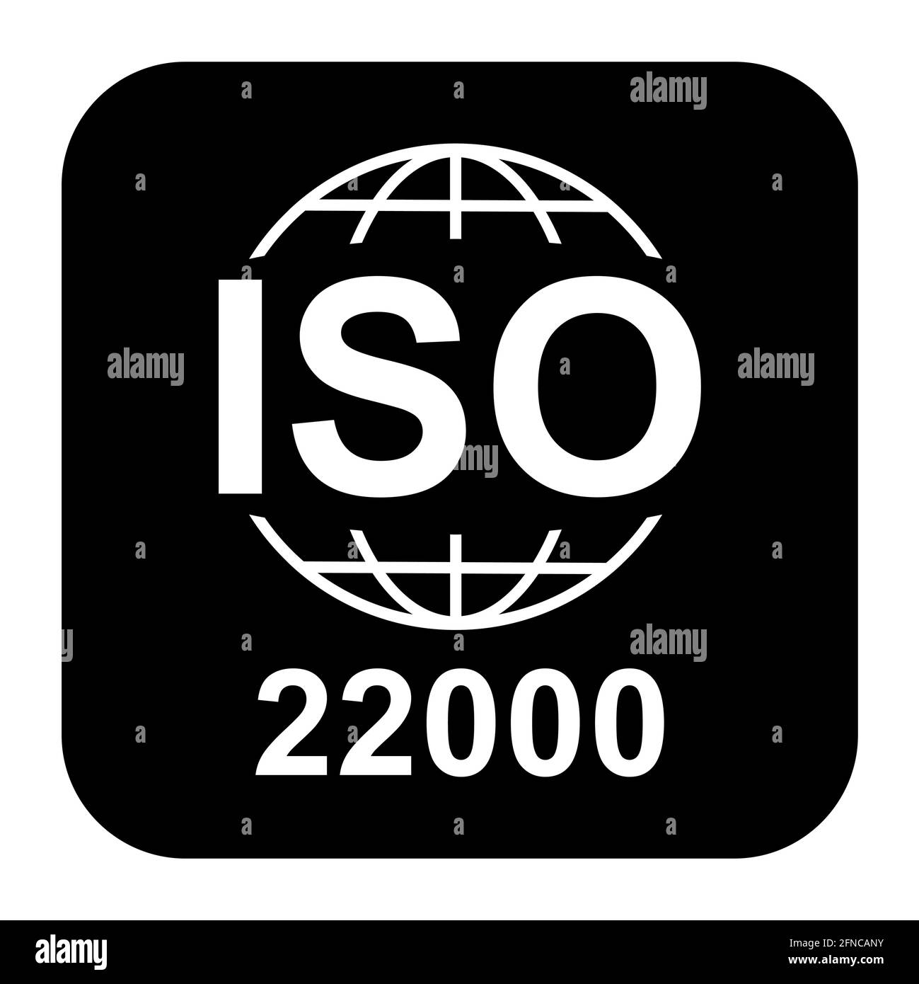 Icona ISO 22000. Sistemi di gestione degli alimenti. Simbolo di qualità standard. Segno del pulsante vettore isolato su sfondo nero . Illustrazione Vettoriale