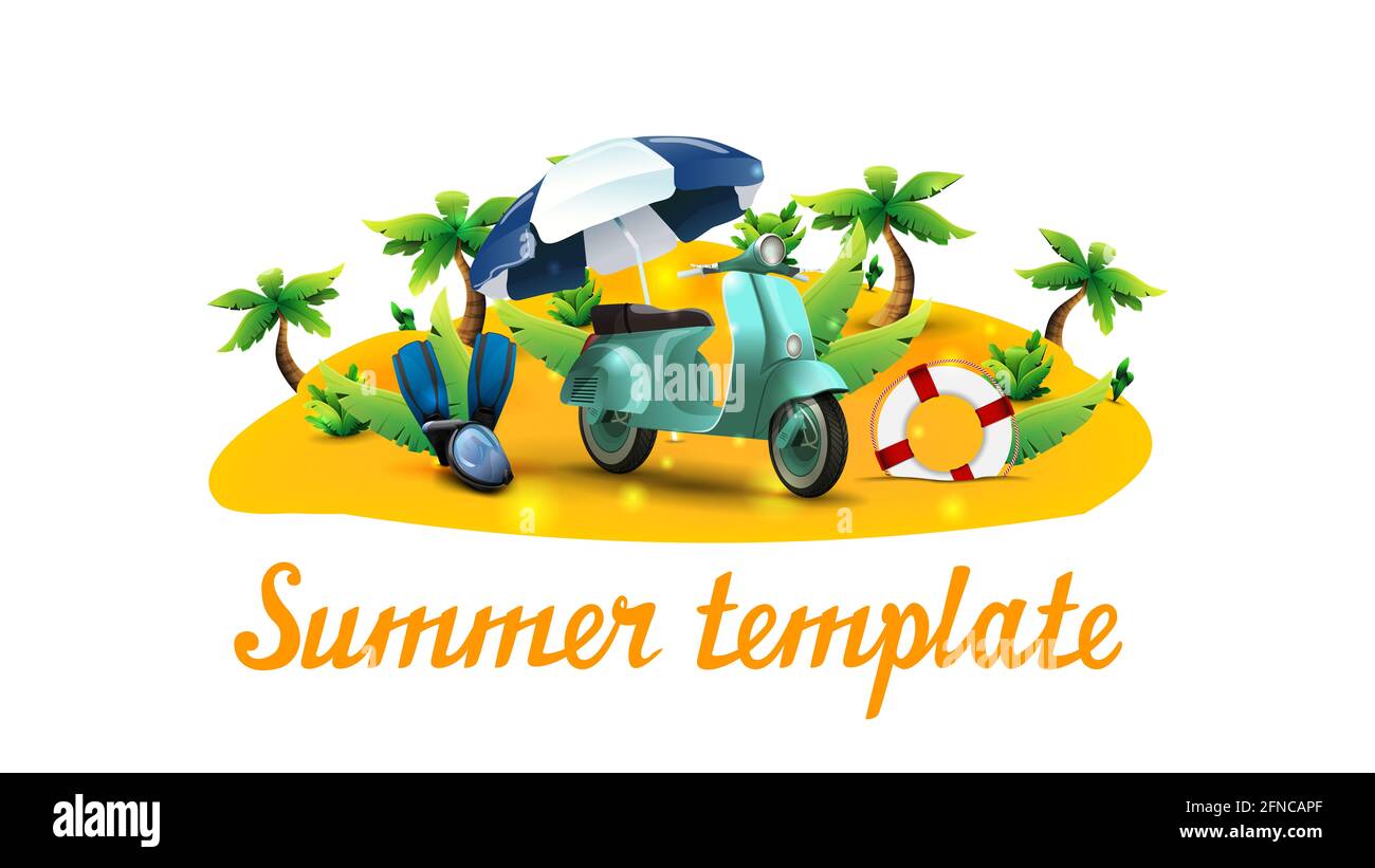 Modello estivo, banner con isola con elementi tropicali, scooter con ombrellone, maschera subacquea, pinne e foglie di palma Foto Stock