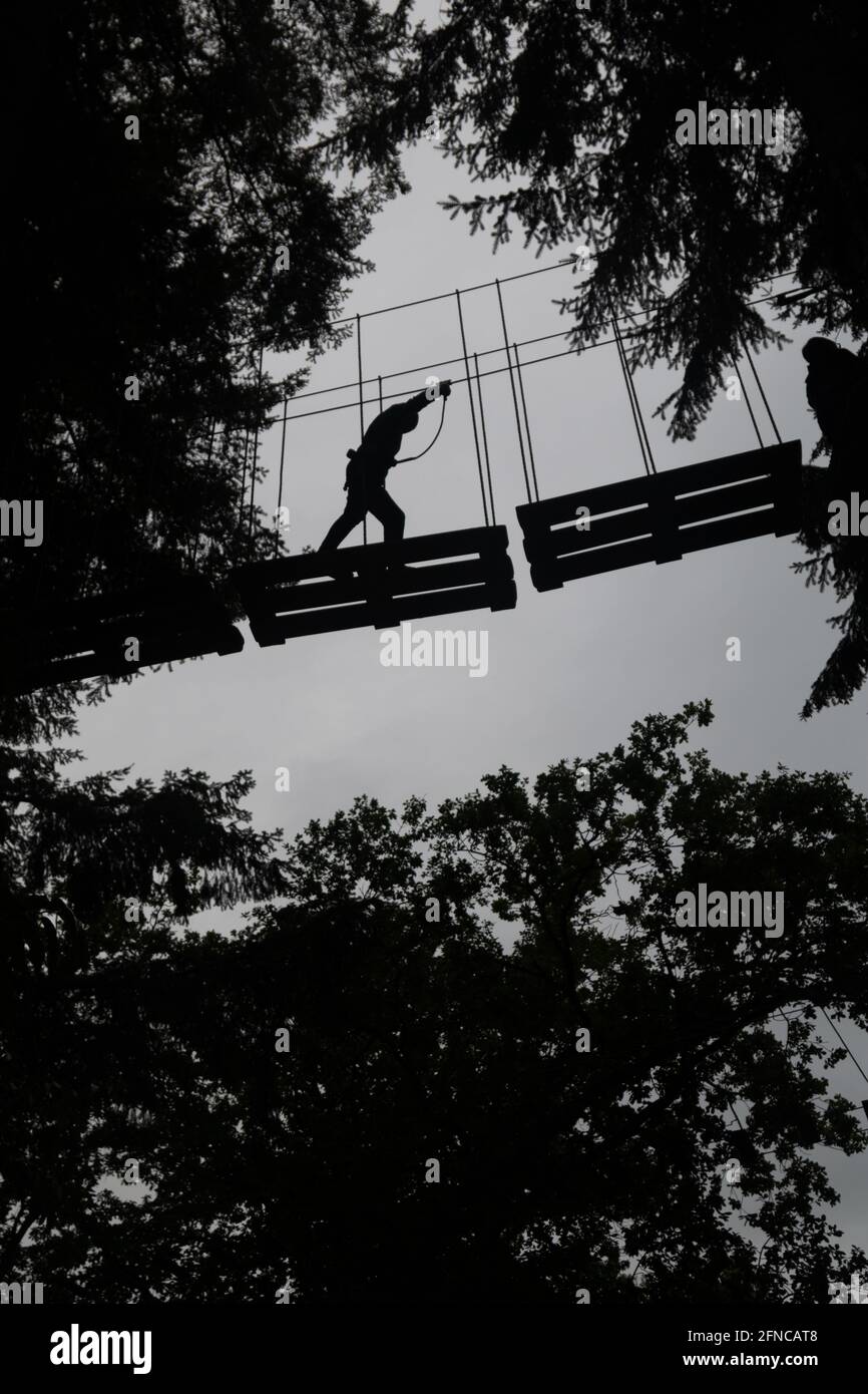 Un bambino è silhouetted contro il cielo mentre attraversano un gap in un percorso di ostacolo della cima dell'albero. Foto Stock